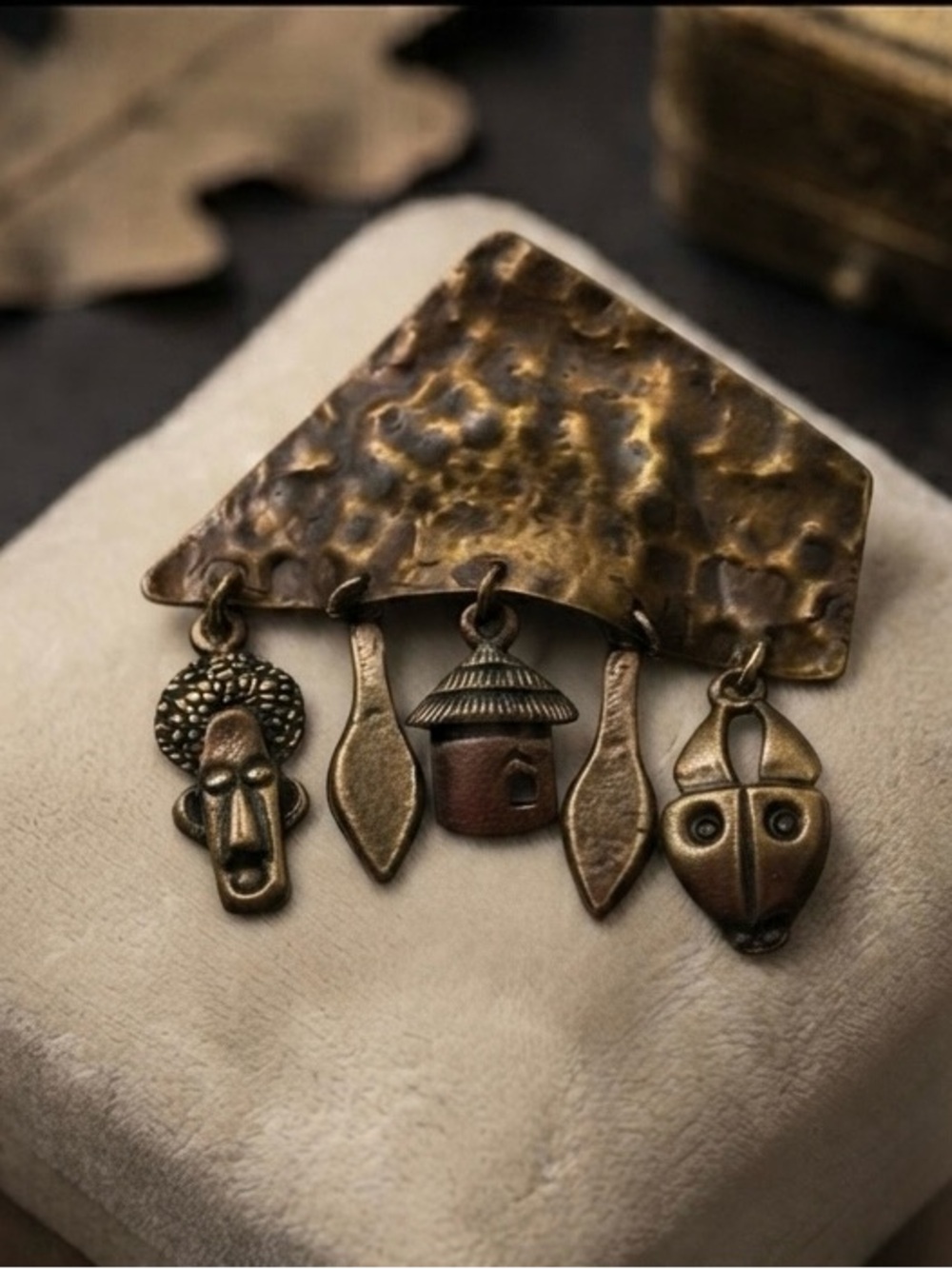 Vintage Hammered Bronze African Mask & Hut Dangle Brooch